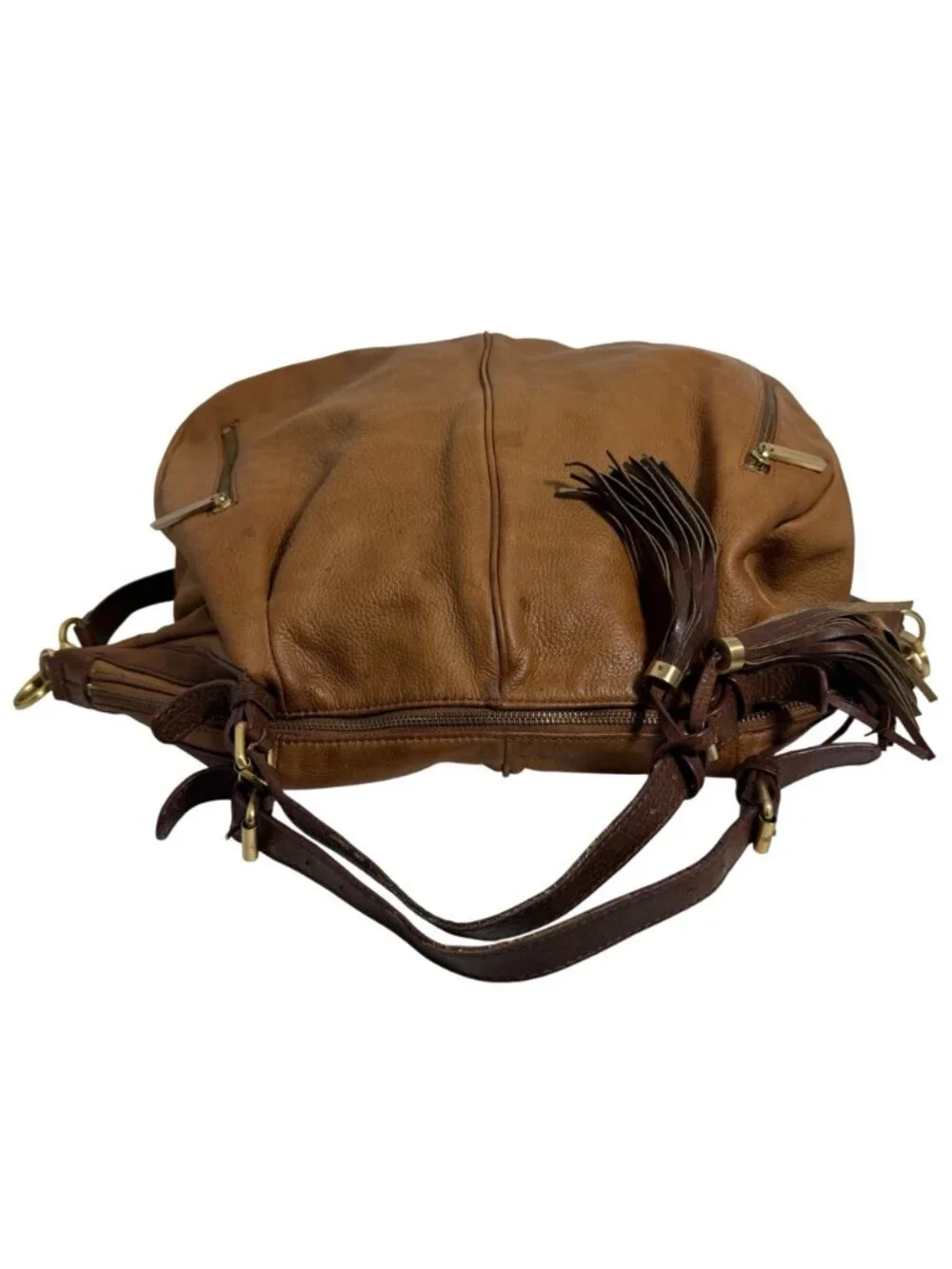 Cynthia Rowley Tan Leather Shoulder Bag + Adjust Strap Zipper Pockets + Tassel